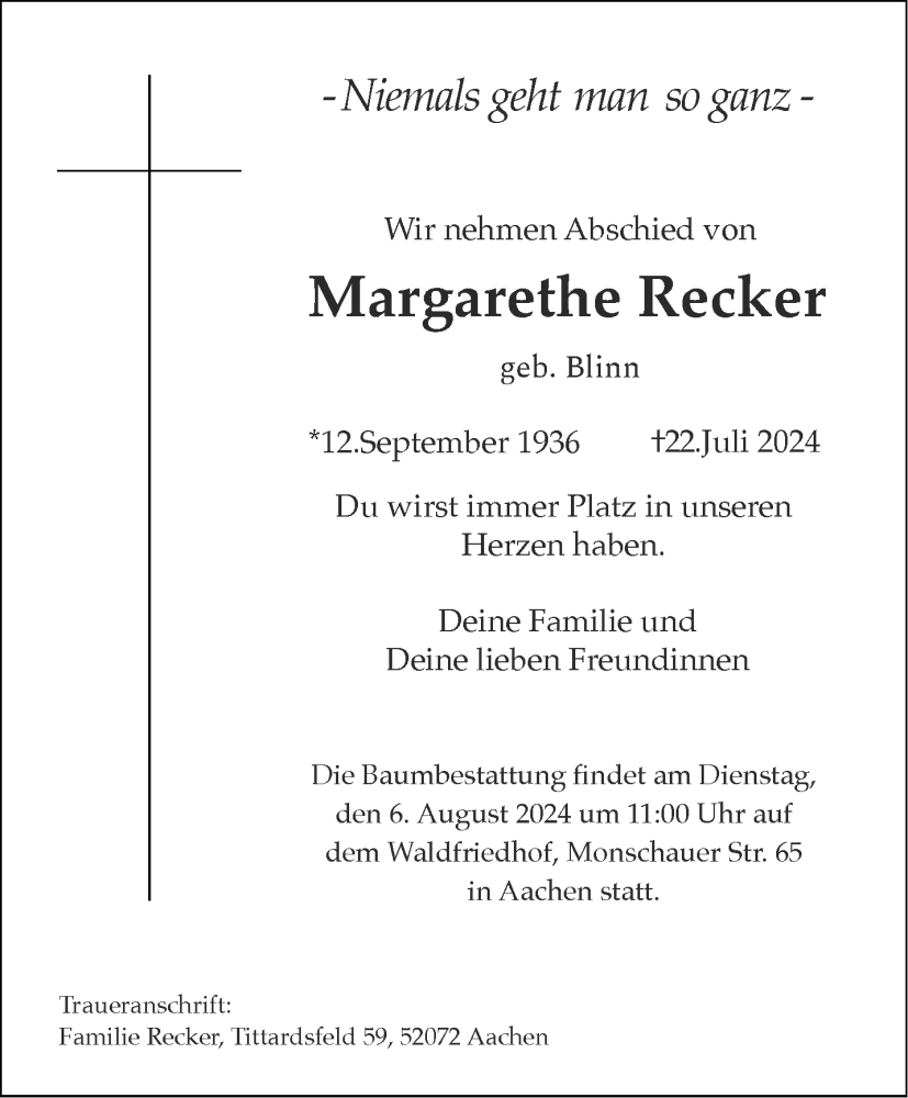  Traueranzeige für Margarethe Recker vom 03.08.2024 aus Aachener Zeitung