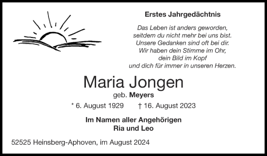 Traueranzeige von Maria Jongen von Zeitung am Sonntag