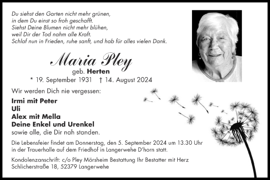 Traueranzeige von Maria Pley von Zeitung am Sonntag