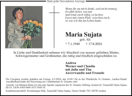 Traueranzeige von Maria Sujata von Aachener Zeitung