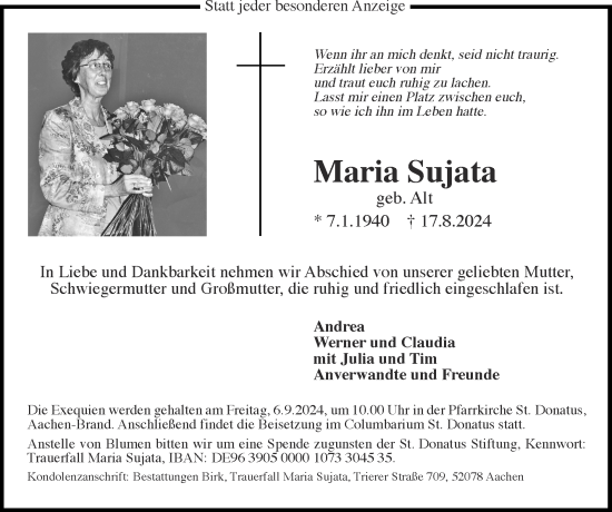 Traueranzeige von Maria Sujata von Zeitung am Sonntag