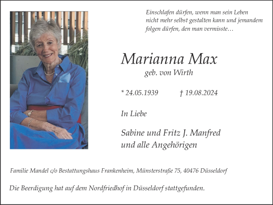 Traueranzeige von Marianna Max von Zeitung am Sonntag