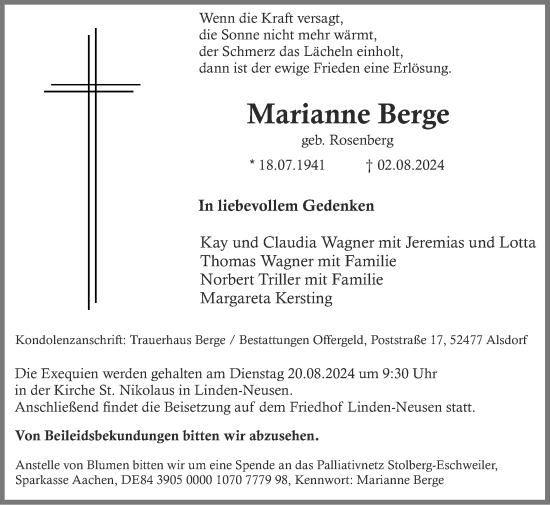 Traueranzeige von Marianne Berge von Zeitung am Sonntag