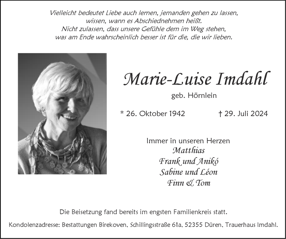  Traueranzeige für Marie-Luise Imdahl vom 01.09.2024 aus Zeitung am Sonntag
