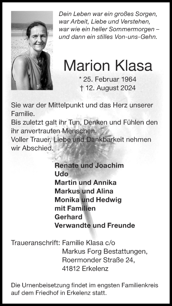  Traueranzeige für Marion Klasa vom 18.08.2024 aus Zeitung am Sonntag