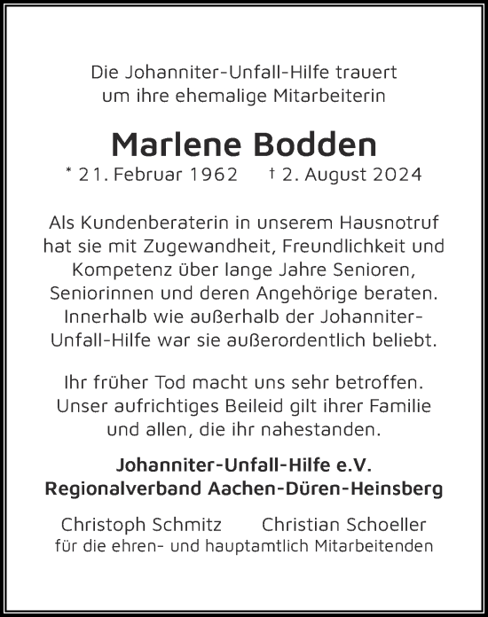 Traueranzeige von Marlene Bodden von Zeitung am Sonntag