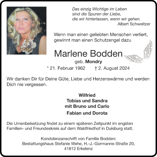 Traueranzeige von Marlene Bodden von Zeitung am Sonntag