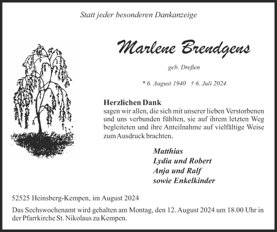 Traueranzeige von Marlene Brendgens von Zeitung am Sonntag