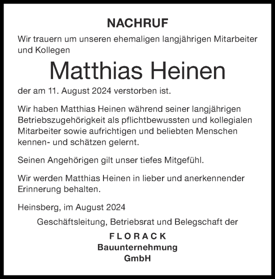 Traueranzeige von Matthias Heinen von Zeitung am Sonntag