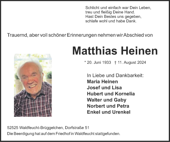 Traueranzeige von Matthias Heinen von Zeitung am Sonntag