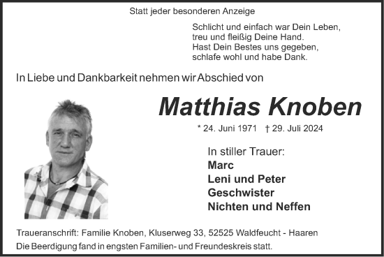 Traueranzeige von Matthias Knoben von Zeitung am Sonntag
