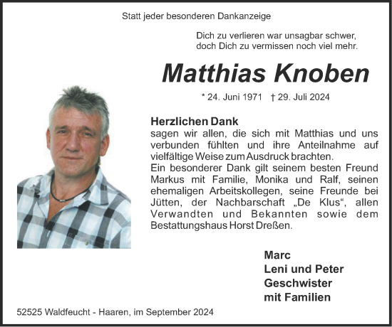 Traueranzeige von Matthias Knoben von Zeitung am Sonntag