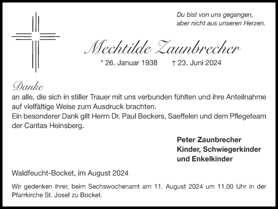 Traueranzeige von Mechtilde Zaunbrecher von Zeitung am Sonntag
