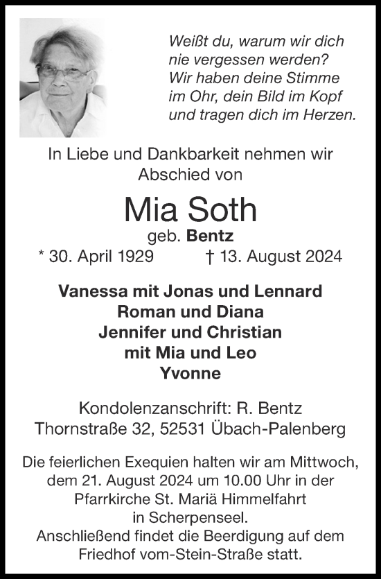 Traueranzeige von Mia Soth von Zeitung am Sonntag