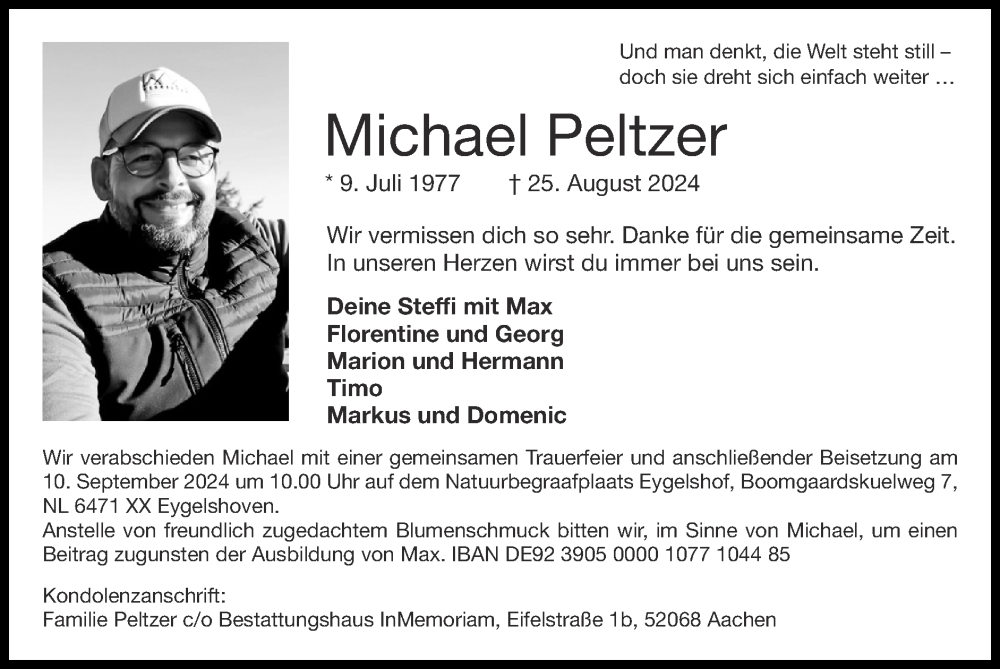  Traueranzeige für Michael Peltzer vom 01.09.2024 aus Zeitung am Sonntag