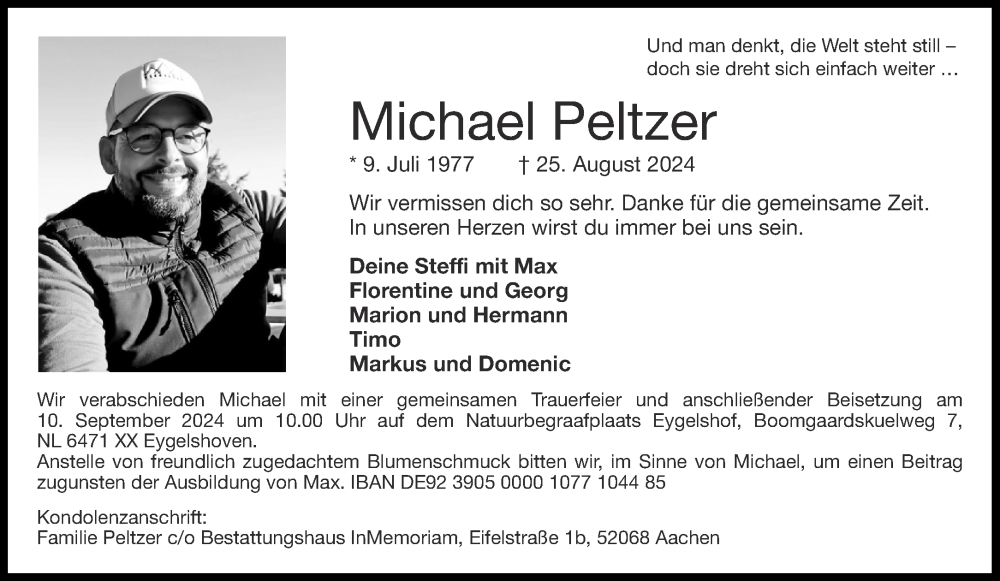  Traueranzeige für Michael Peltzer vom 31.08.2024 aus Aachener Zeitung