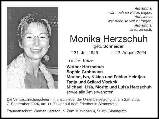 Traueranzeige von Monika Herzschuh von Zeitung am Sonntag