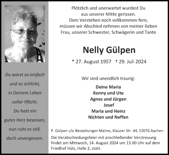 Traueranzeige von Nelly Gülpen von Zeitung am Sonntag