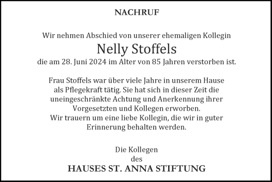 Traueranzeige von Nelly Stoffels von Zeitung am Sonntag