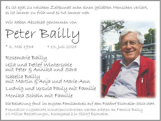 Traueranzeige von Peter Bailly von Zeitung am Sonntag