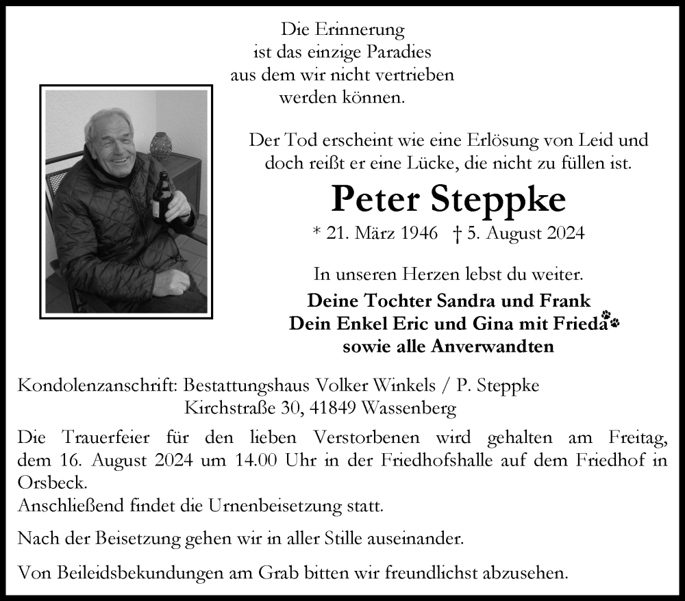  Traueranzeige für Peter Steppke vom 11.08.2024 aus Zeitung am Sonntag