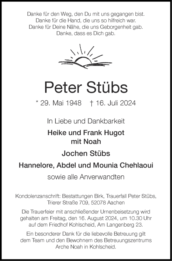 Traueranzeige von Peter Stübs von Zeitung am Sonntag