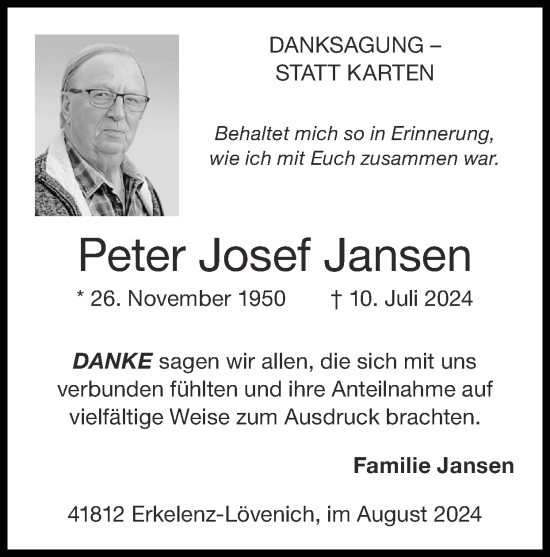 Traueranzeige von Peter Josef Jansen von Zeitung am Sonntag
