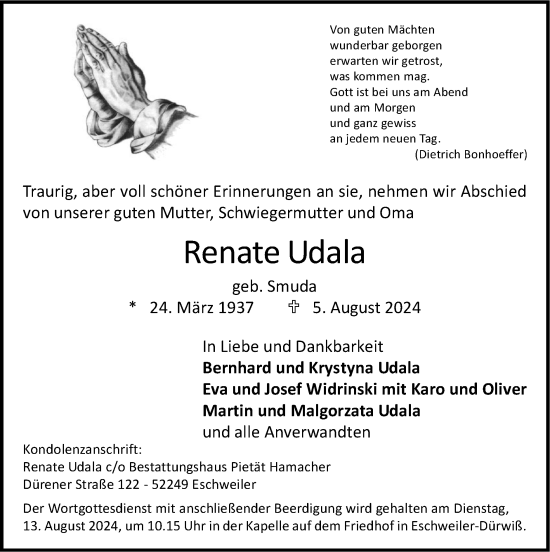 Traueranzeige von Renate Udala von Zeitung am Sonntag