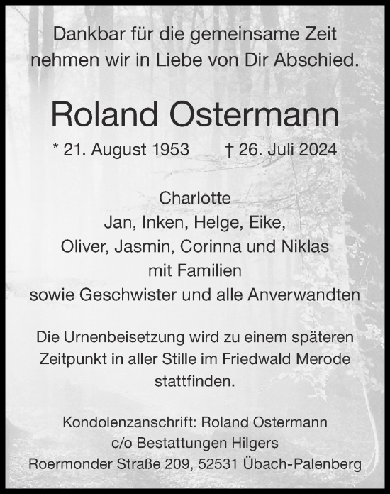 Traueranzeige von Roland Ostermann von Zeitung am Sonntag