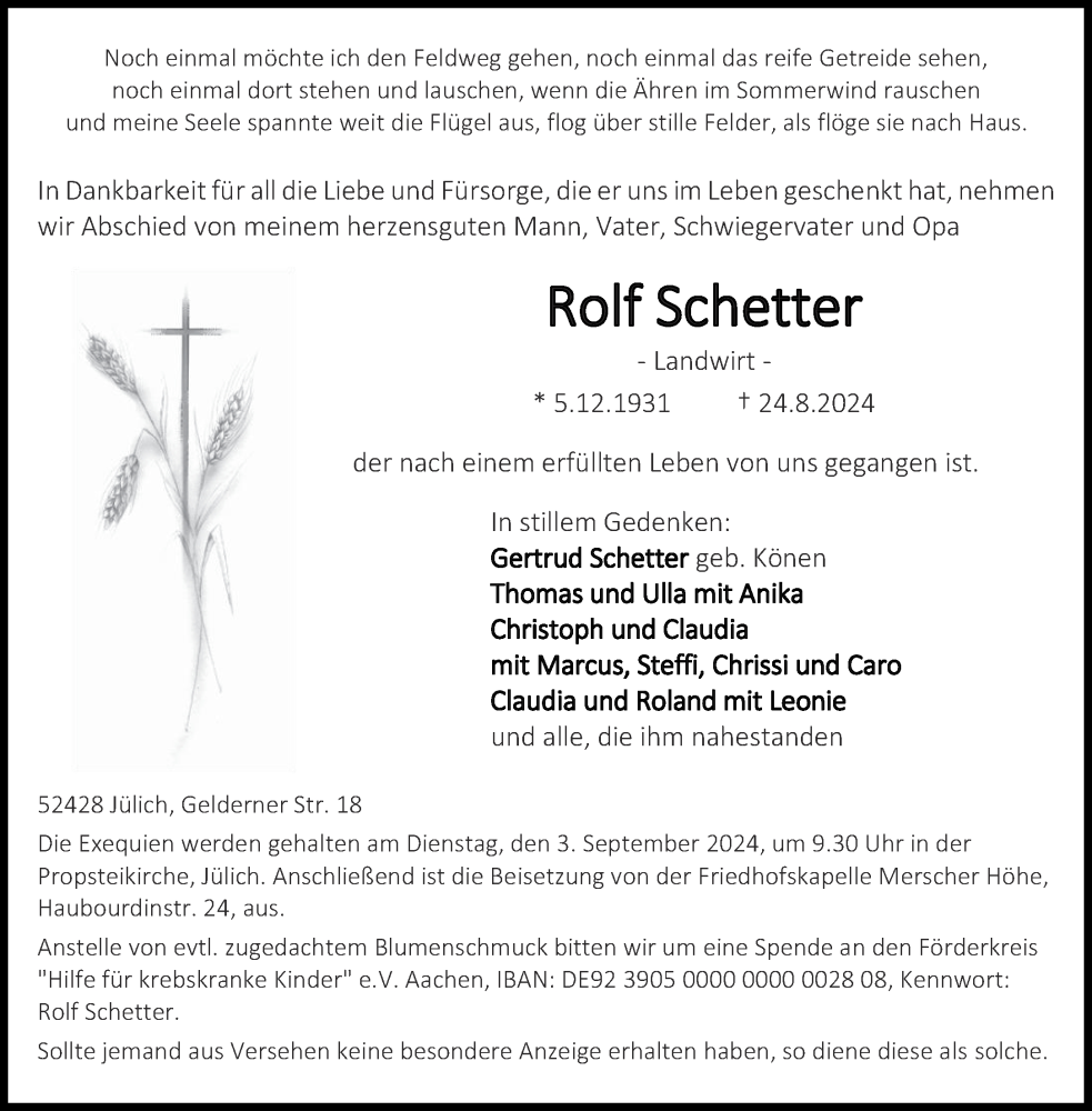  Traueranzeige für Rolf Schetter vom 31.08.2024 aus Aachener Zeitung