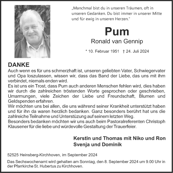 Traueranzeige von Ronald  van Gennip von Zeitung am Sonntag