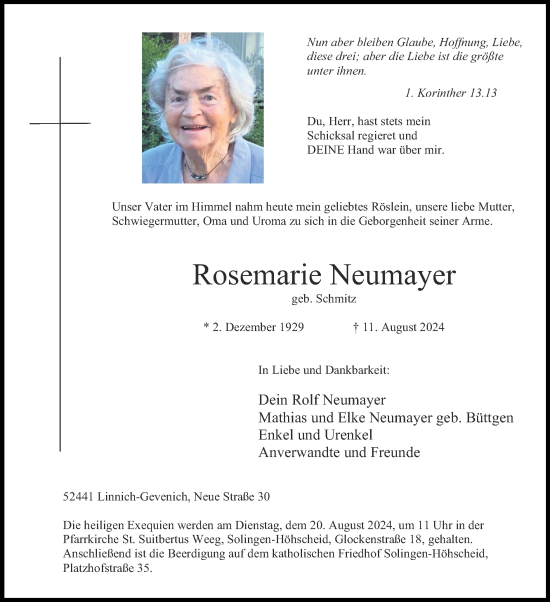Traueranzeige von Rosemarie Neumayer von Zeitung am Sonntag