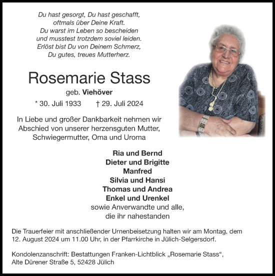 Traueranzeige von Rosemarie Stass von Zeitung am Sonntag
