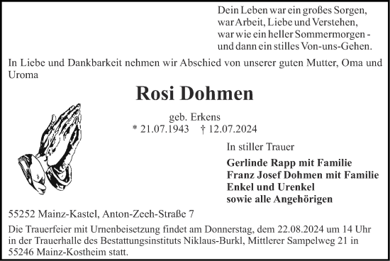 Traueranzeige von Rosi Dohmen von Zeitung am Sonntag