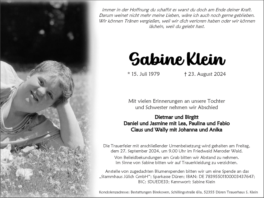  Traueranzeige für Sabine Klein vom 01.09.2024 aus Zeitung am Sonntag