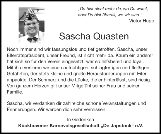 Traueranzeige von Sascha Quasten von Zeitung am Sonntag