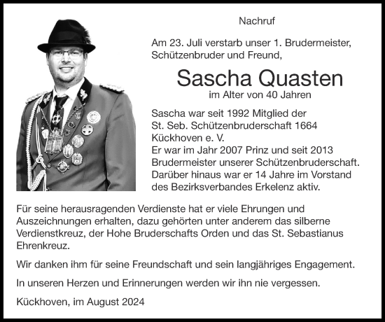 Traueranzeige von Sascha Quasten von Zeitung am Sonntag