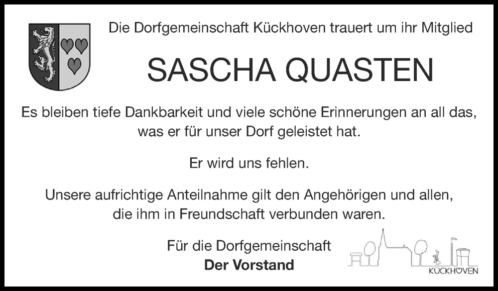  Traueranzeige für Sascha Quasten vom 04.08.2024 aus Zeitung am Sonntag