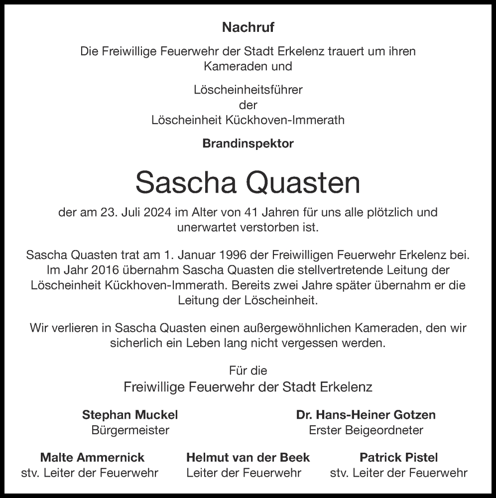  Traueranzeige für Sascha Quasten vom 04.08.2024 aus Zeitung am Sonntag