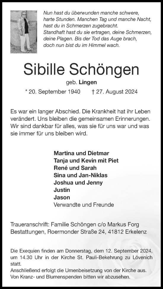 Traueranzeige von Sibille Schöngen von Zeitung am Sonntag