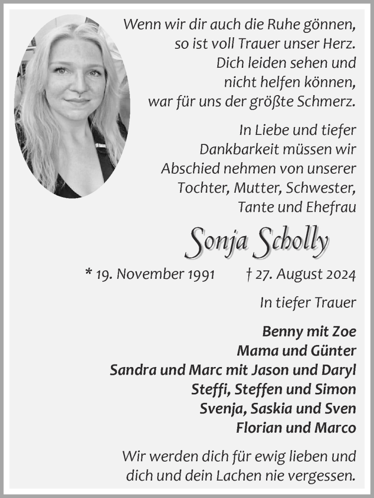  Traueranzeige für Sonja Scholly vom 01.09.2024 aus Zeitung am Sonntag
