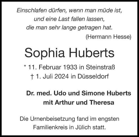 Traueranzeige von Sophia Huberts von Aachener Zeitung