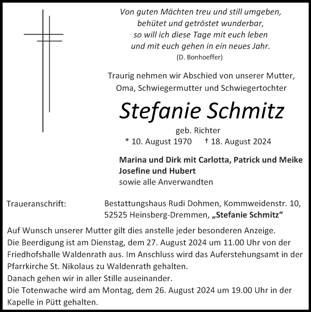  Traueranzeige für Stefanie Schmitz vom 25.08.2024 aus Zeitung am Sonntag