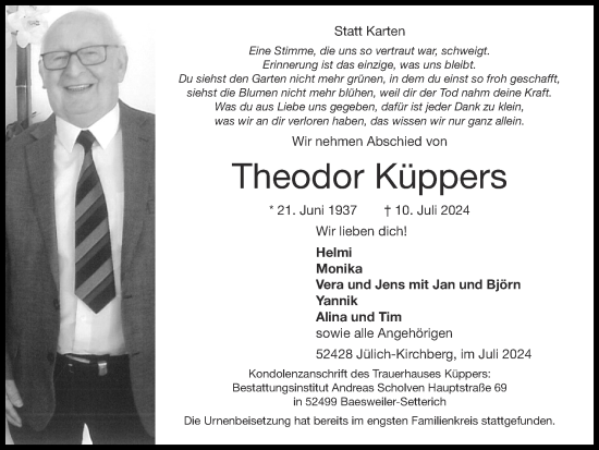 Traueranzeige von Theodor Küppers von Zeitung am Sonntag