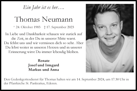 Traueranzeige von Thomas Neumann von Zeitung am Sonntag