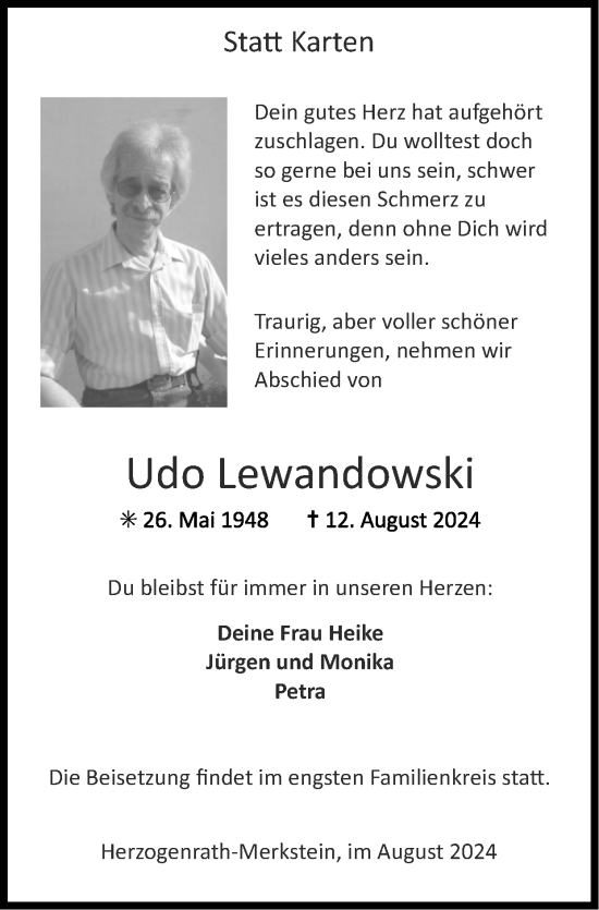 Traueranzeige von Udo Lewandowski von Zeitung am Sonntag