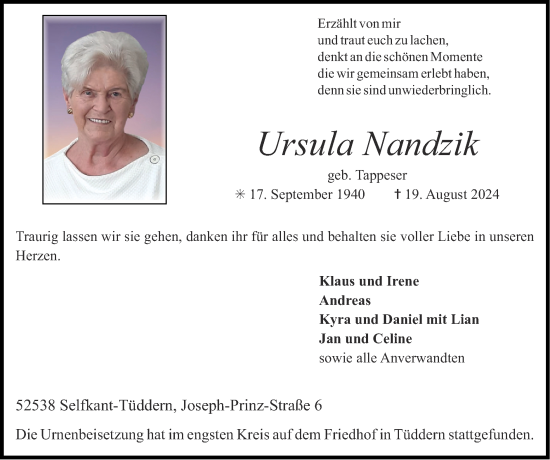 Traueranzeige von Ursula Nandzik von Zeitung am Sonntag