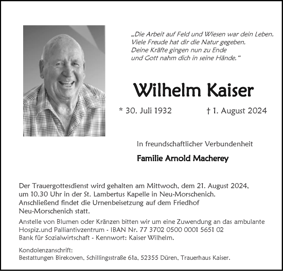 Traueranzeige von Wilhelm Kaiser von Zeitung am Sonntag