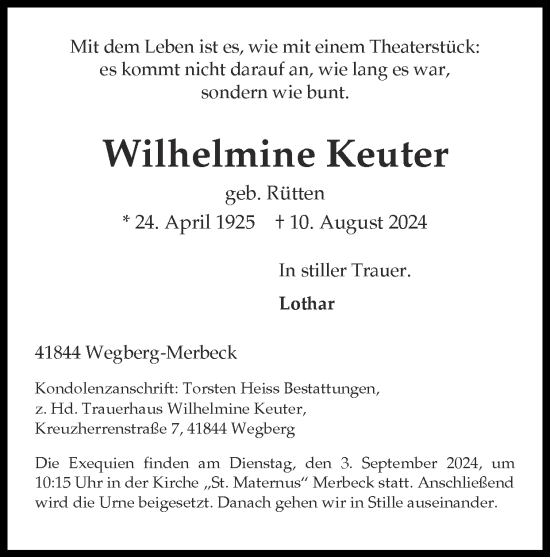 Traueranzeige von Wilhelmine Keuter von Zeitung am Sonntag