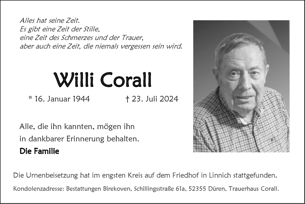  Traueranzeige für Willi Corall vom 11.08.2024 aus Zeitung am Sonntag